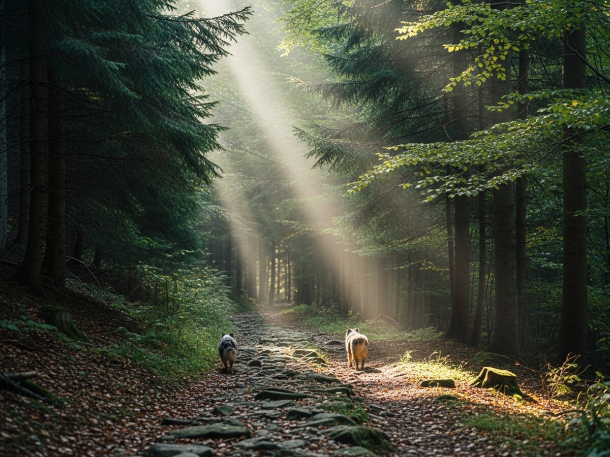 Un grand chien blanc couché sur un sol carrelé clair près d'une porte-fenêtre, lumière douce de fin d'après-midi, vue de trois quarts montrant la tête et les pattes avant.