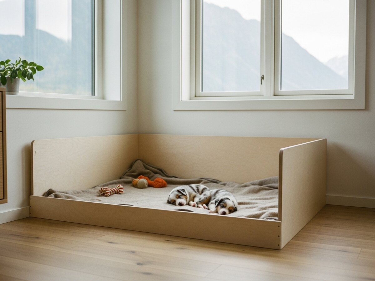 Vue en plongée d'un salon éclairé par une fenêtre latérale, un arbre à chat près du mur, un bac à litière fermé dans un renfoncement et un panier de chien à l'écart, sans animal visible.