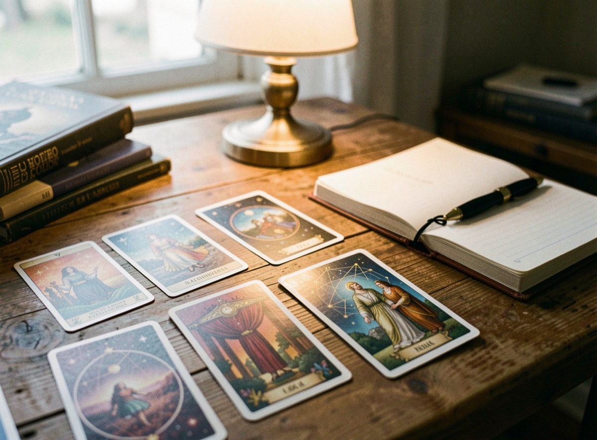 Cartes de tarot étalées et carnet de notes astrologiques sur une table en bois à la lueur d’une lampe