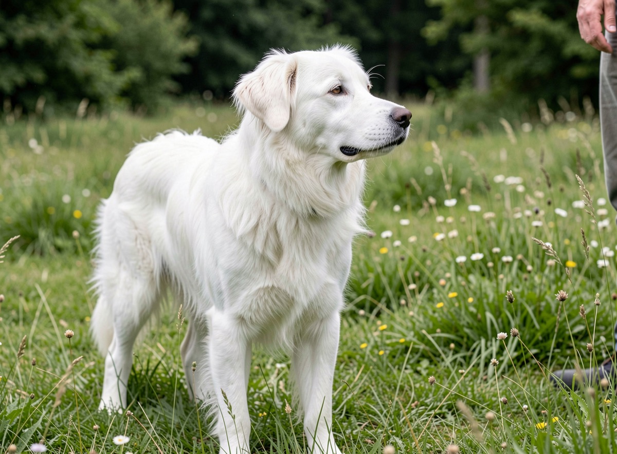 Berger blanc suisse debout dans une prairie verte, tête tournée vers son maître hors champ
