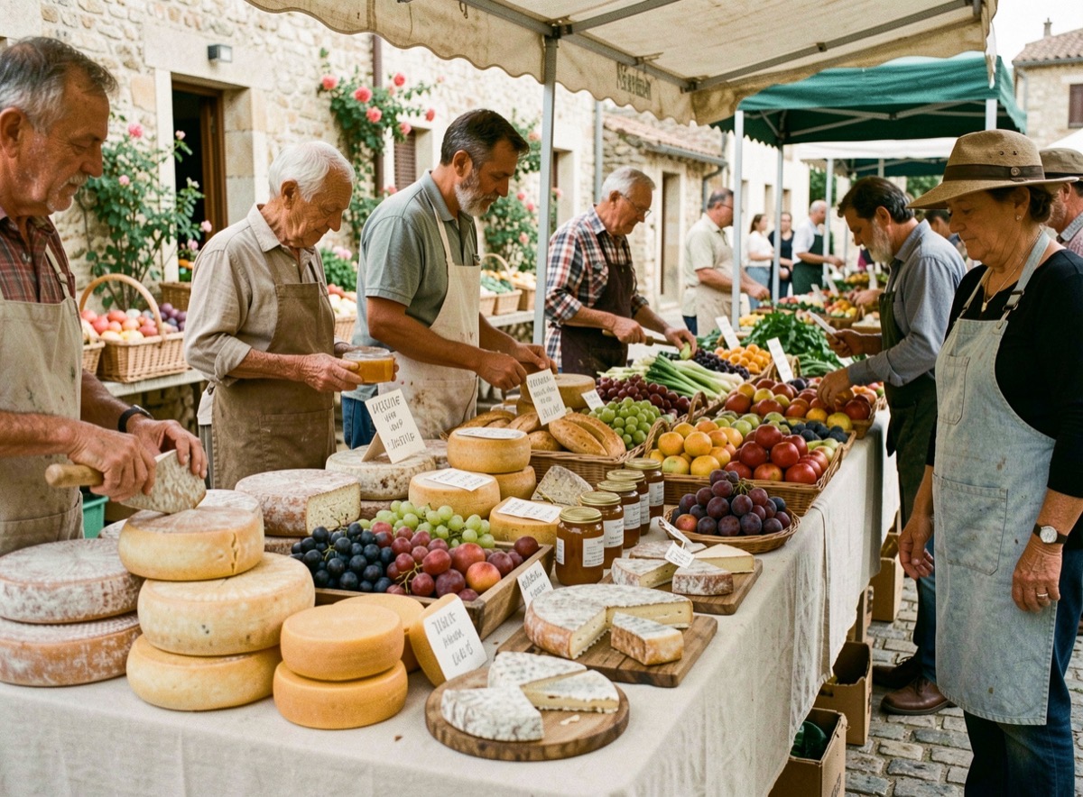 Étal de marché provençal avec fromages, miel et fruits de saison chez des producteurs locaux