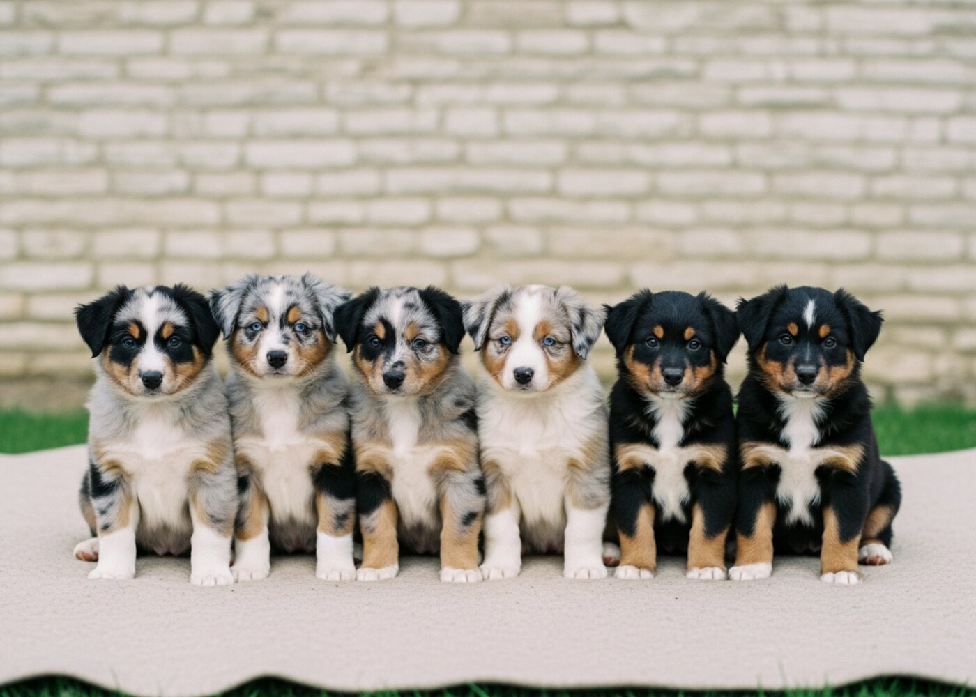 Les six chiots de la portée B, alignés sur une couverture beige dans le jardin