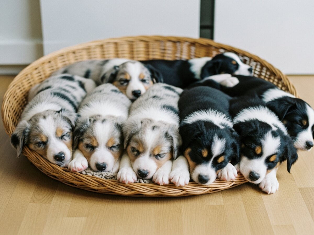 Les sept chiots de la portée V à six semaines, empilés dans le panier du salon