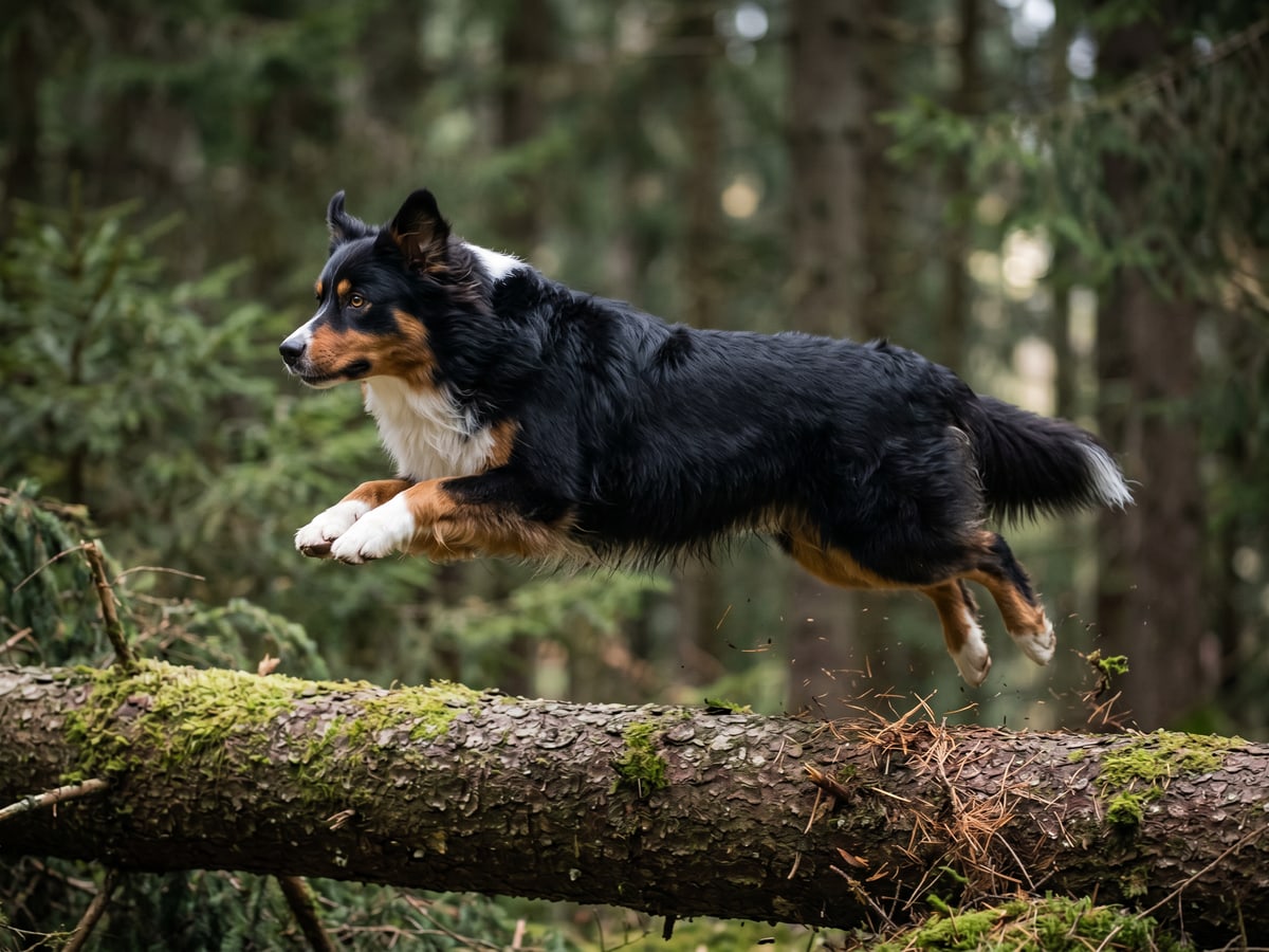 Tempo en extension complète, saut au-dessus d'un tronc en forêt