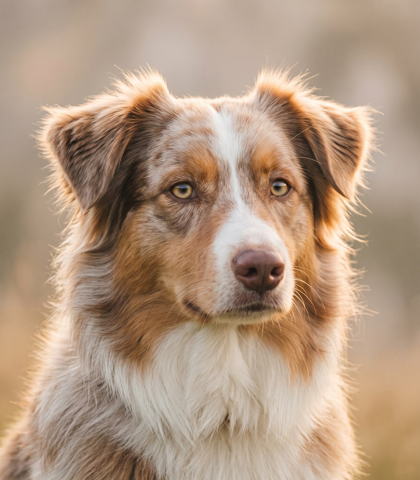 Ume, berger australien rouge merle aux yeux ambre, portrait en lumière dorée
