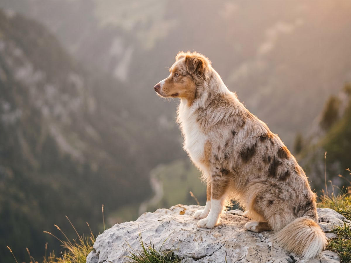 Ume de profil assise sur un rocher, robe rouge merle au soleil couchant