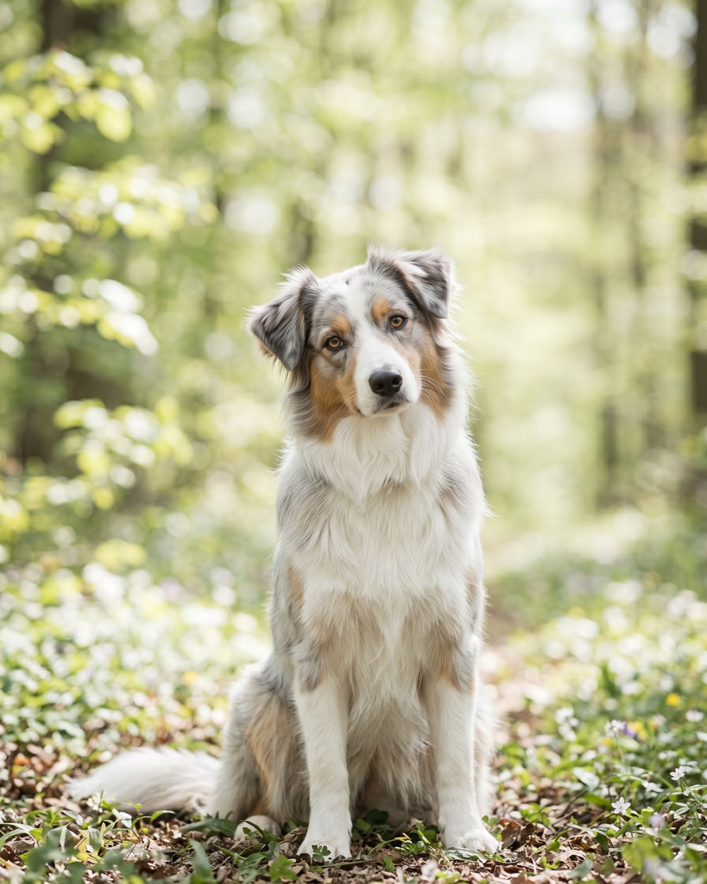 Vega, jeune femelle berger australien bleu merle, portrait de face en sous-bois