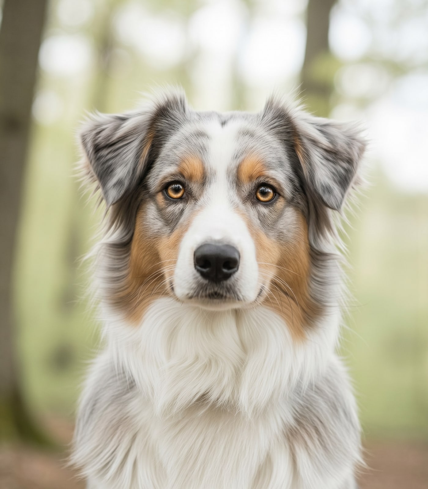 Vega, jeune berger australien bleu merle clair, portrait de face en sous-bois